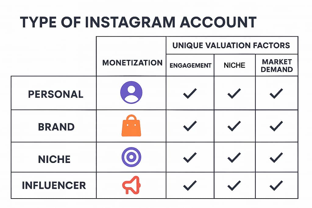 Table comparing personal, brand, niche, and influencer Instagram accounts by monetization, engagement, and value factors.