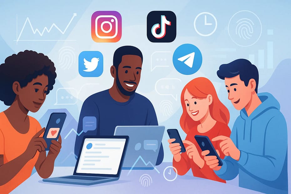 Illustration of diverse users engaging in authentic social media behaviors with timing charts, fingerprint icons, and platform logos representing natural user activity and engagement strategies.