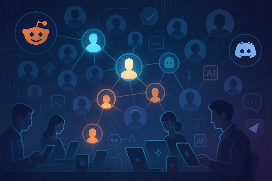 Interconnected digital network of user profiles representing Reddit, Discord, and Telegram communities with chat bubbles, voting arrows, and AI icons symbolizing bulk account influence and online community dynamics.