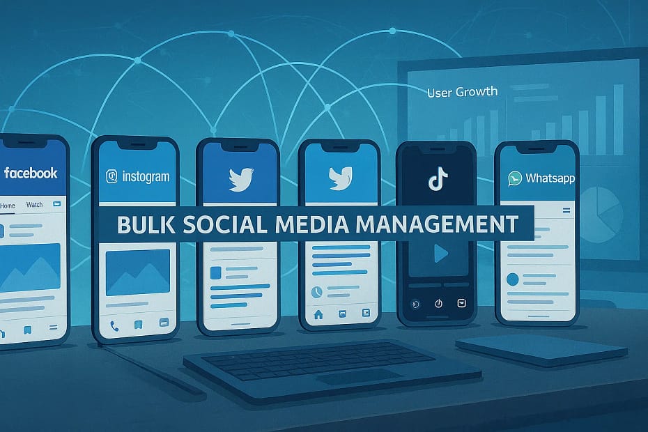 Bulk social media accounts management dashboard showing multiple platforms for business growth and digital marketing success