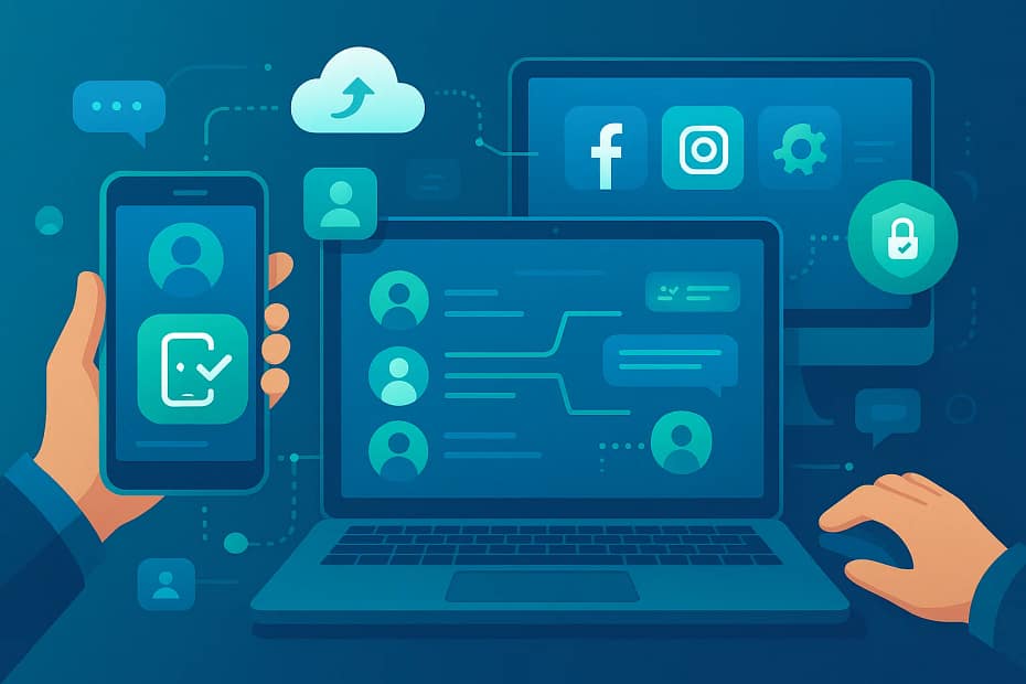 Digital workspace showing mobile and desktop devices managing multiple social media accounts, highlighting hybrid bulk account management and AI-driven automation.