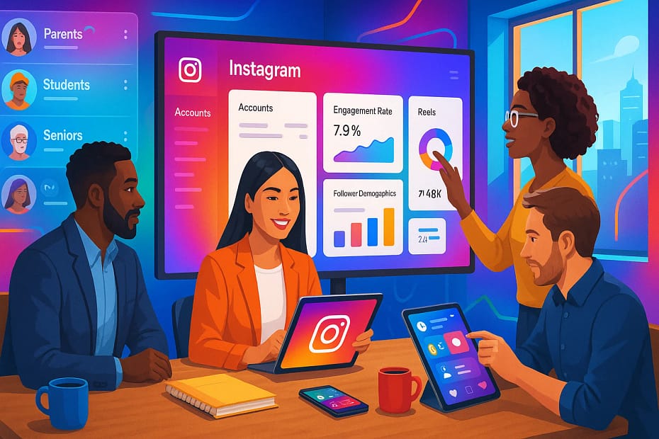 Business professionals using multiple Instagram accounts for growth, social media analytics, and audience segmentation displayed on a vibrant digital dashboard.