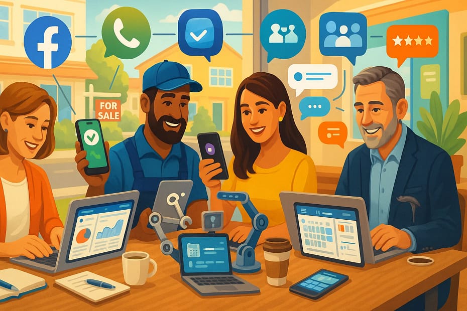 Small business owners in a local community using multiple phone verified accounts on laptops and phones to reach wider audiences across digital platforms, representing scalable marketing power in suburban and town settings.