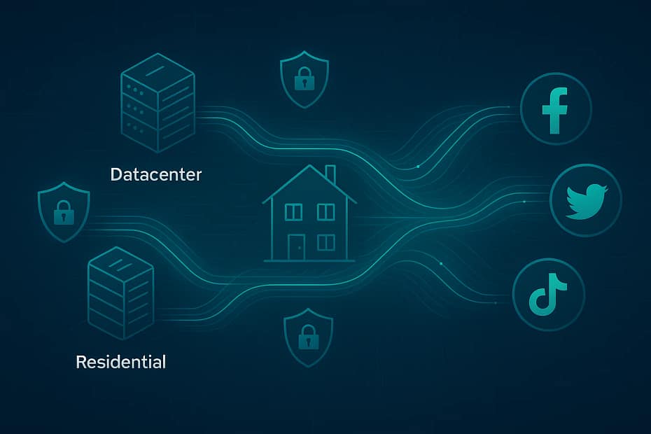 Multi-layer proxy setup architecture diagram showing datacenter, residential, and mobile proxy connections for secure social media operations