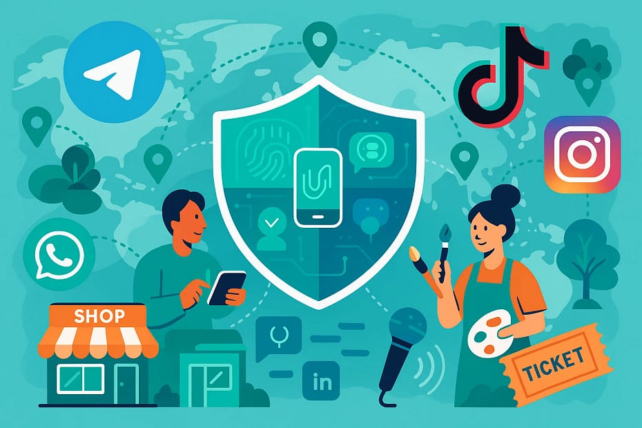 Illustration of niche marketing strategy showing multiple social media platforms connecting hyperlocal communities and small businesses.