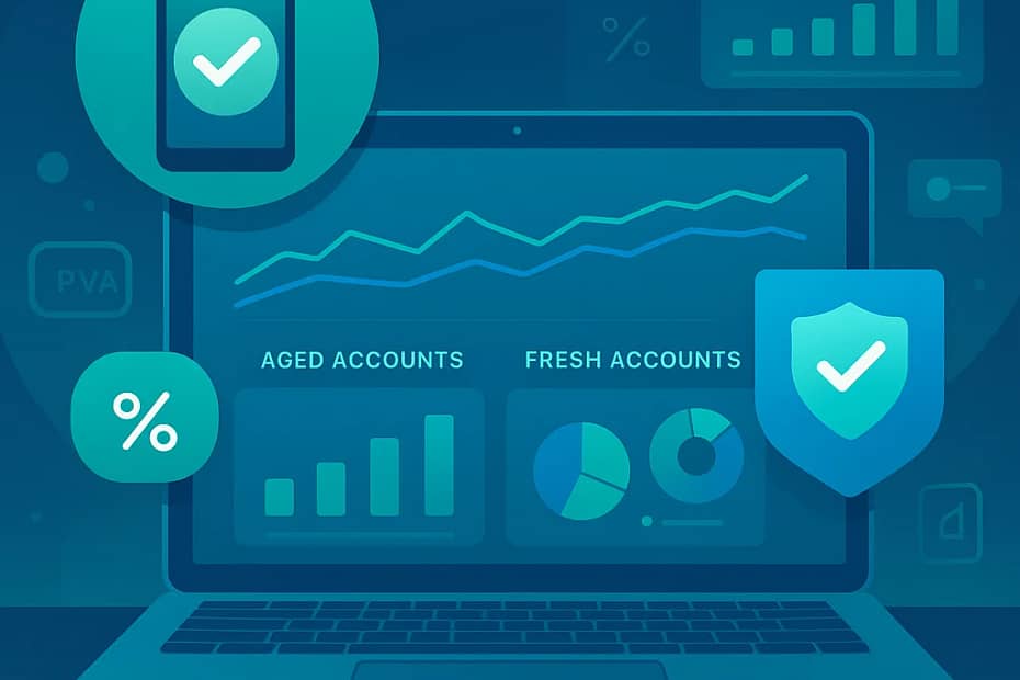 Digital marketing workspace with phone verification icons and account analytics dashboard illustrating aged vs fresh account performance.