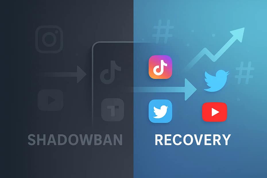 Social media shadowban recovery illustration showing platform icons transforming from suppressed to fully visible with rising engagement metrics