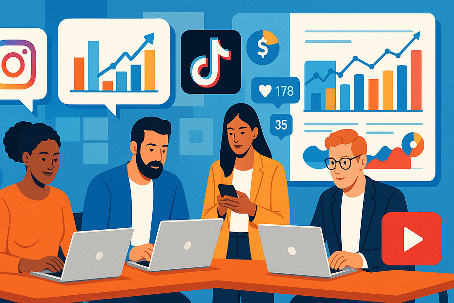 Digital marketing professionals reviewing social media analytics and account metrics for valuation strategy.