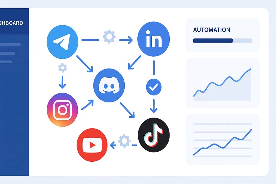 Automated onboarding kits dashboard showing connected social media platforms with workflow automation icons and progress indicators