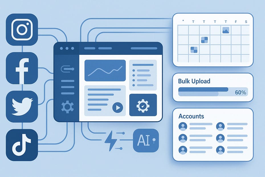 Time-saving tools for bulk account management dashboard showing multiple social media platforms connected to centralized control system