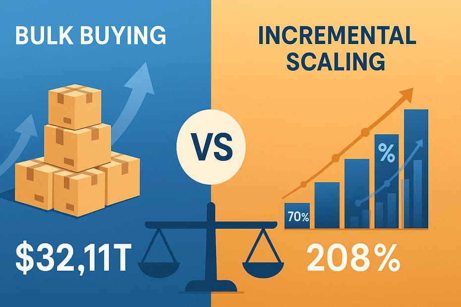 Bulk buying vs incremental account scaling strategies comparison infographic showing cost savings and ROI data for business growth decisions