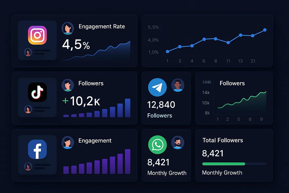 Professional custom dashboard interface showing bulk social media account performance monitoring across multiple platforms with real-time analytics and metrics