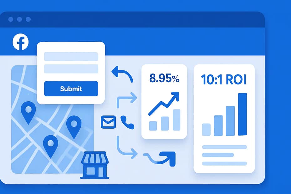 Facebook lead generation strategies for local markets showing automated campaign dashboard with geo-targeting map and conversion statistics
