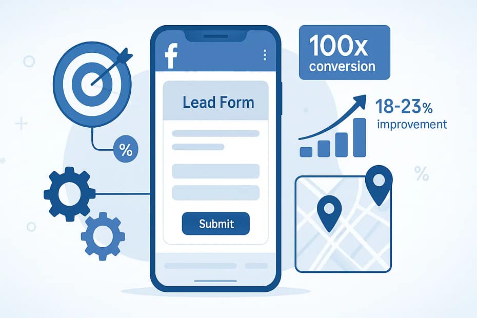 Facebook lead generation automation dashboard showing geo-targeting, automated follow-up systems, and conversion tracking for local markets