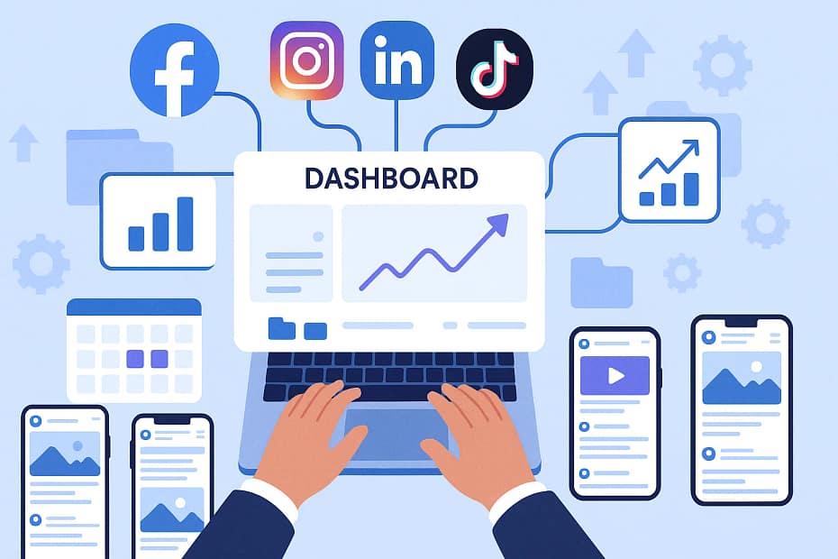 Managing multiple clients via pre-grown accounts dashboard showing social media automation tools and performance analytics