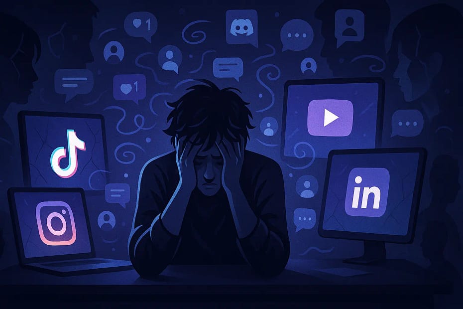 Overwhelmed social media manager surrounded by multiple glowing screens showing various platform logos, illustrating the psychological impact of managing multiple online identities