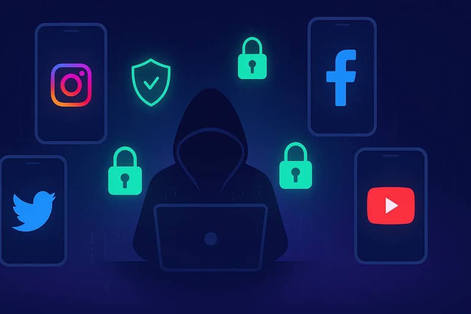 Digital privacy illustration showing multiple phone verified accounts and hooded figure using privacy tools for identity protection
