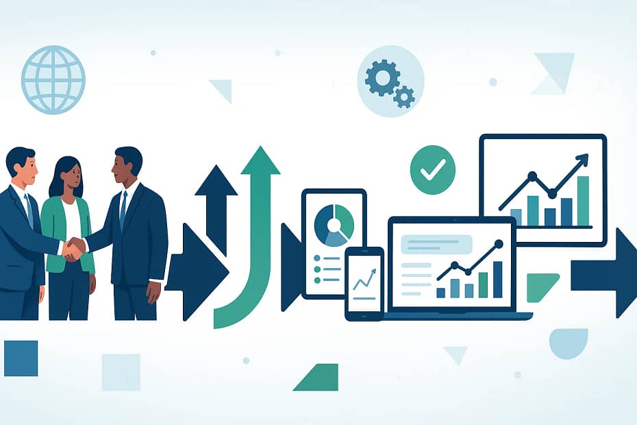 Reseller onboarding workflow diagram showing step-by-step process with business professionals, digital dashboards, and success metrics