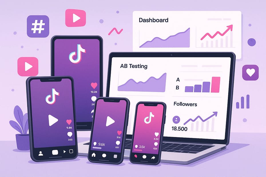 TikTok scaling with pre-created profiles showing multiple mobile devices with TikTok interfaces and analytics dashboards for A/B testing and follower growth strategies