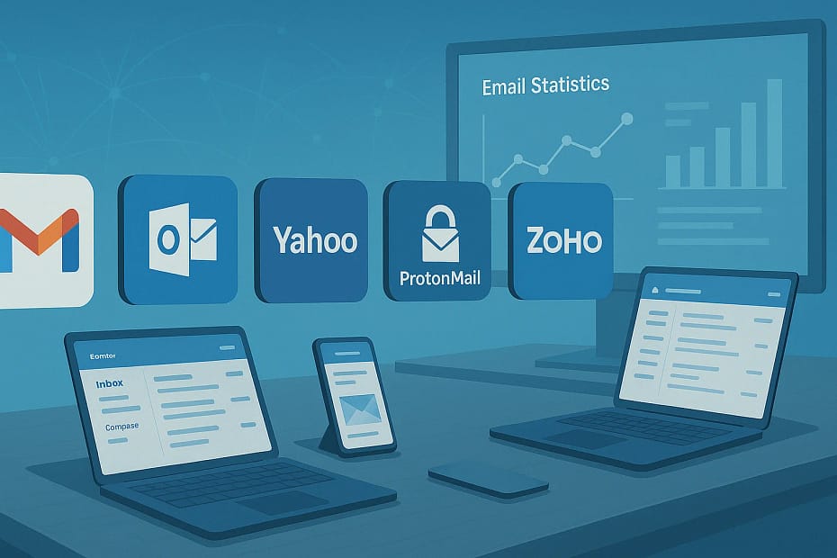 Top email domains comparison 2025 showing Gmail, Outlook, Yahoo and other major email providers for business communication