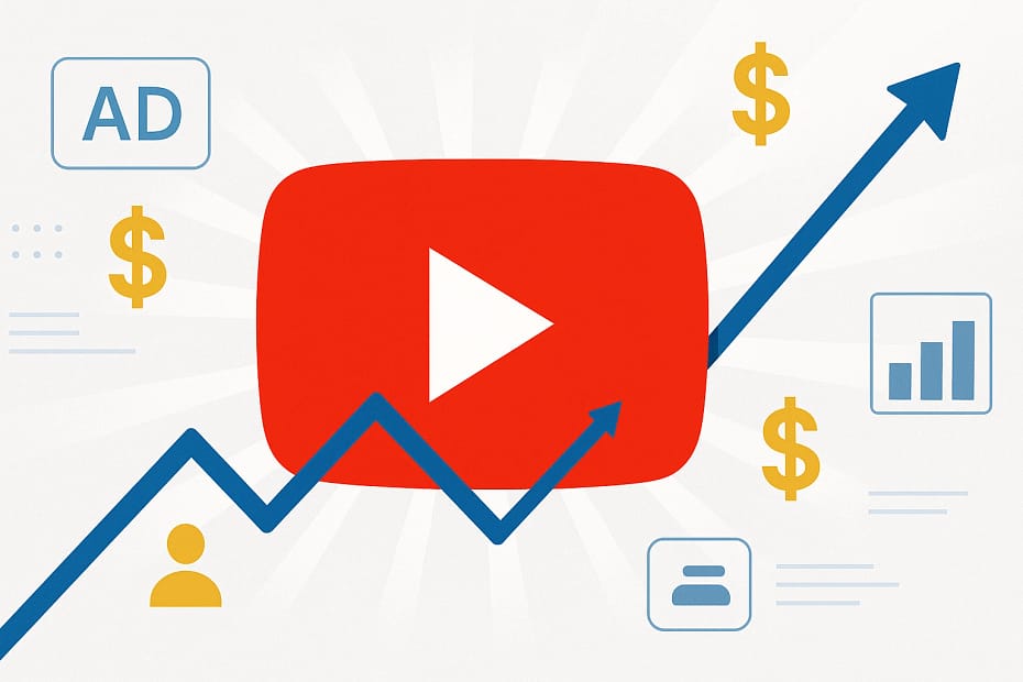 Using pre-established YouTube channels for monetization with revenue graphs and YouTube play button representing profitable channel acquisition strategies