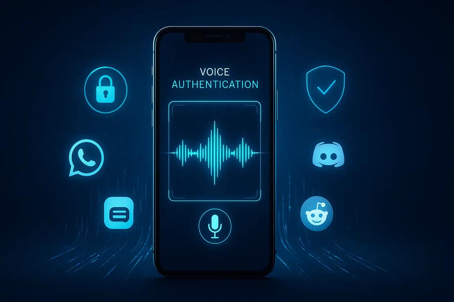 Voice verification trends transforming bulk account creation in 2025 showing smartphone with authentication interface and security features
